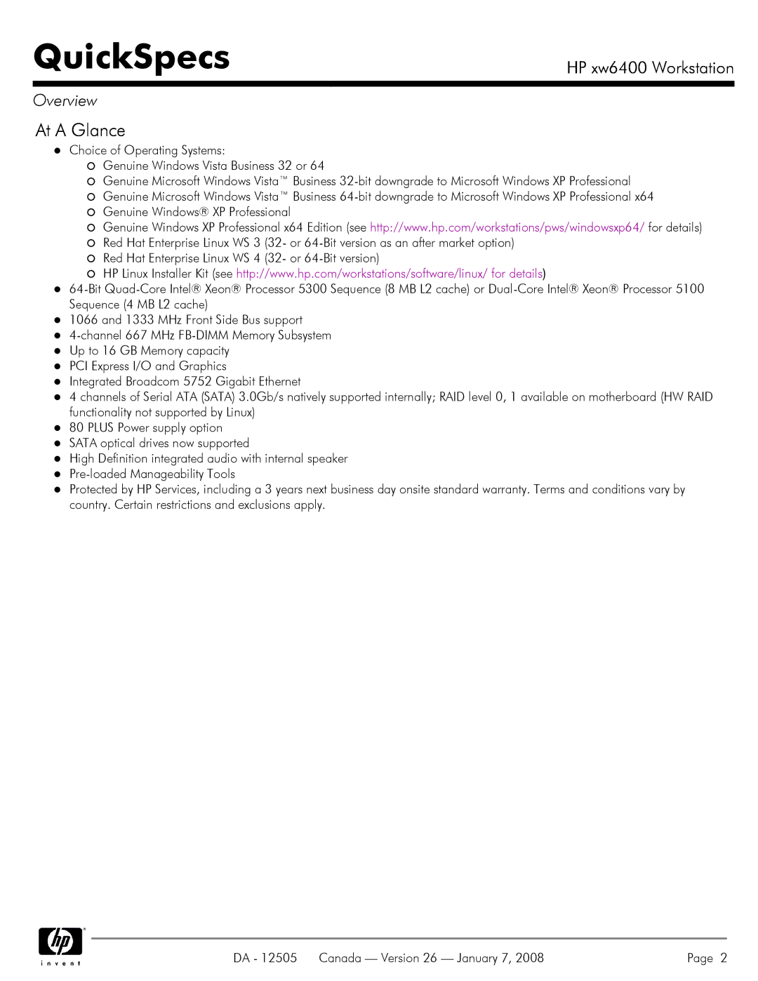 HP XW6400X manual At a Glance 