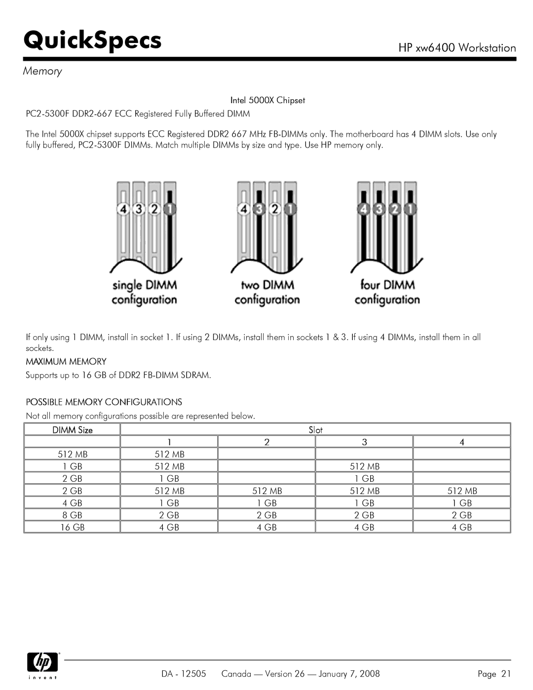 HP XW6400X manual Intel 5000X Chipset, Maximum Memory, Possible Memory Configurations, Dimm Size Slot 