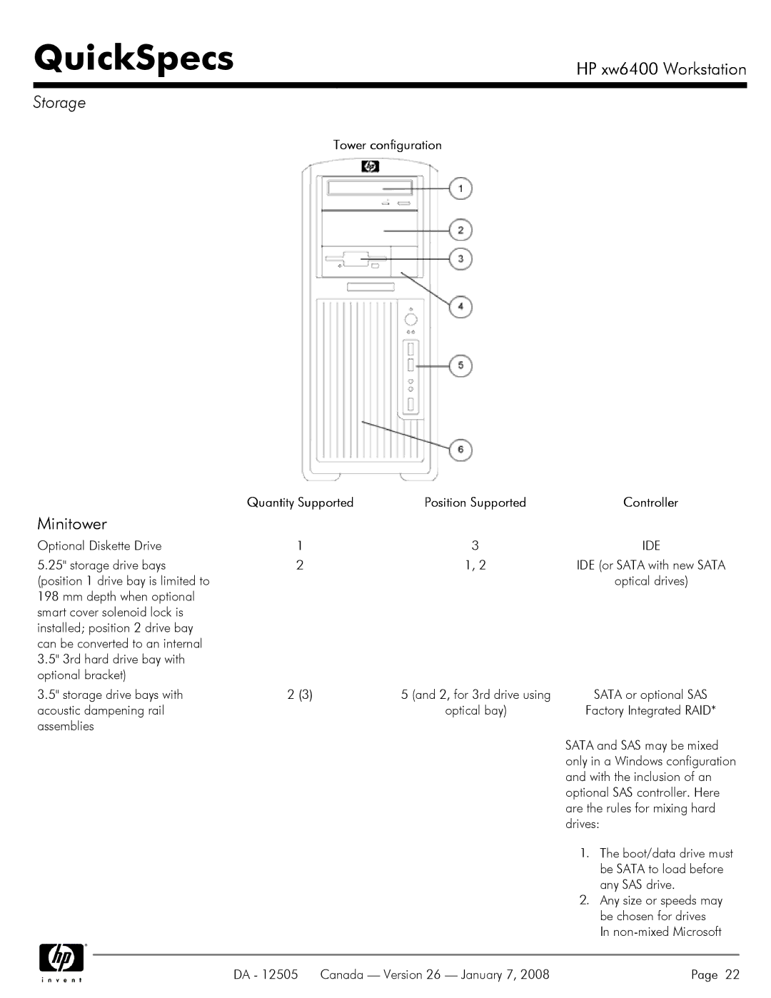 HP XW6400X manual Storage, Tower configuration Quantity Supported 