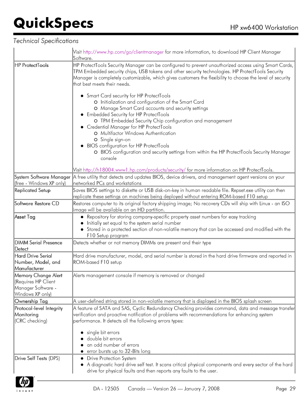 HP XW6400X HP ProtectTools, Software Restore CD, Dimm Serial Presence, Detect Hard Drive Serial, Number, Model, Monitoring 