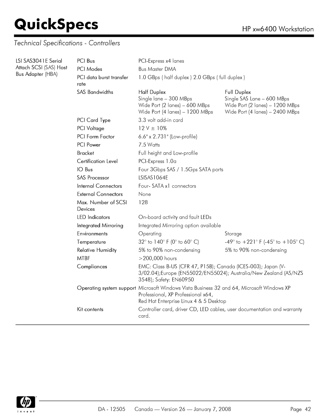 HP XW6400X manual Technical Specifications Controllers, Mtbf 