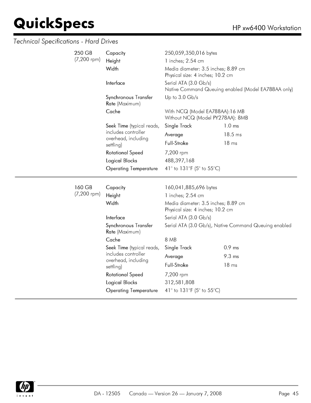 HP XW6400X manual GB Capacity 