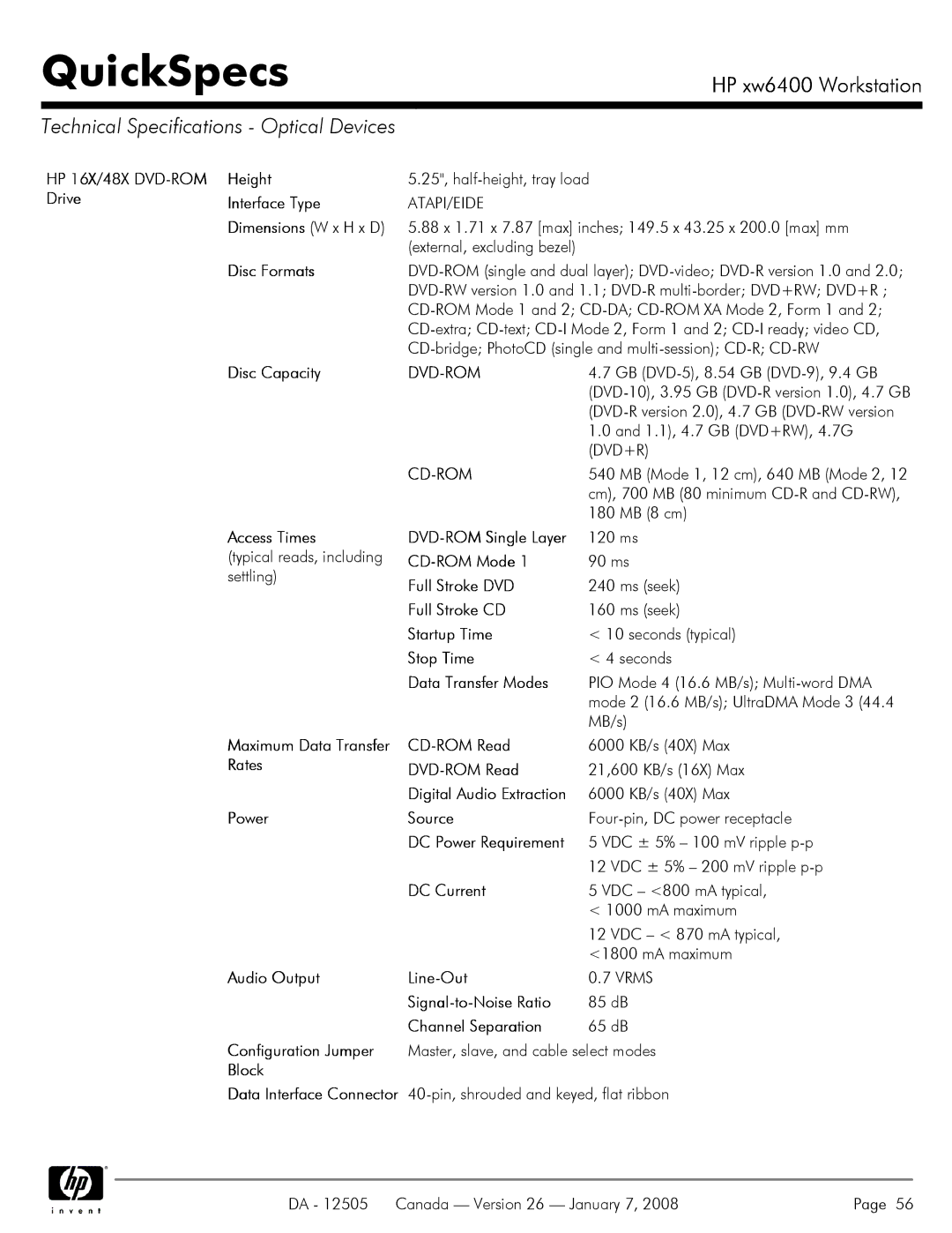 HP XW6400X manual Technical Specifications Optical Devices, Dvd-Rom, Cd-Rom 