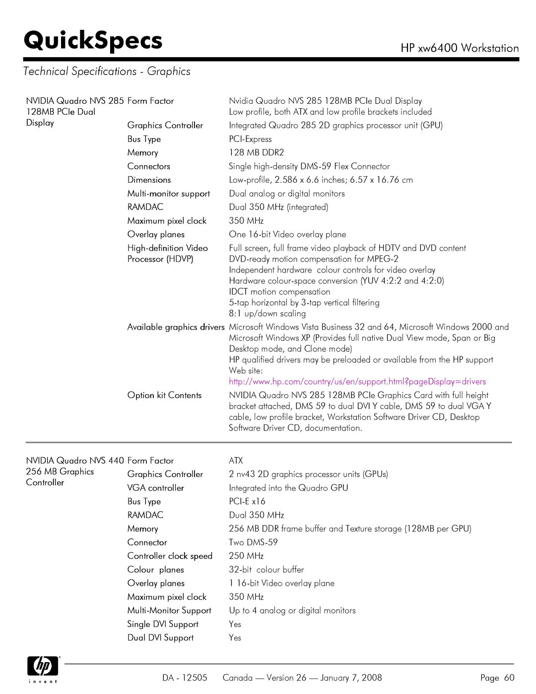 HP XW6400X manual Technical Specifications Graphics, Ramdac 