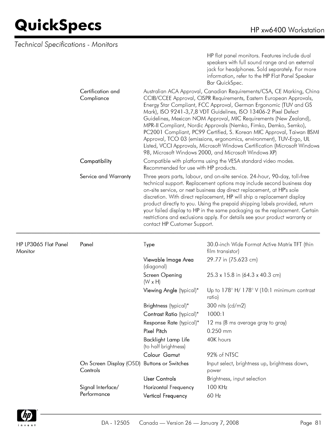 HP XW6400X manual Service and Warranty, HP LP3065 Flat Panel Type, Colour Gamut, Performance Vertical Frequency 