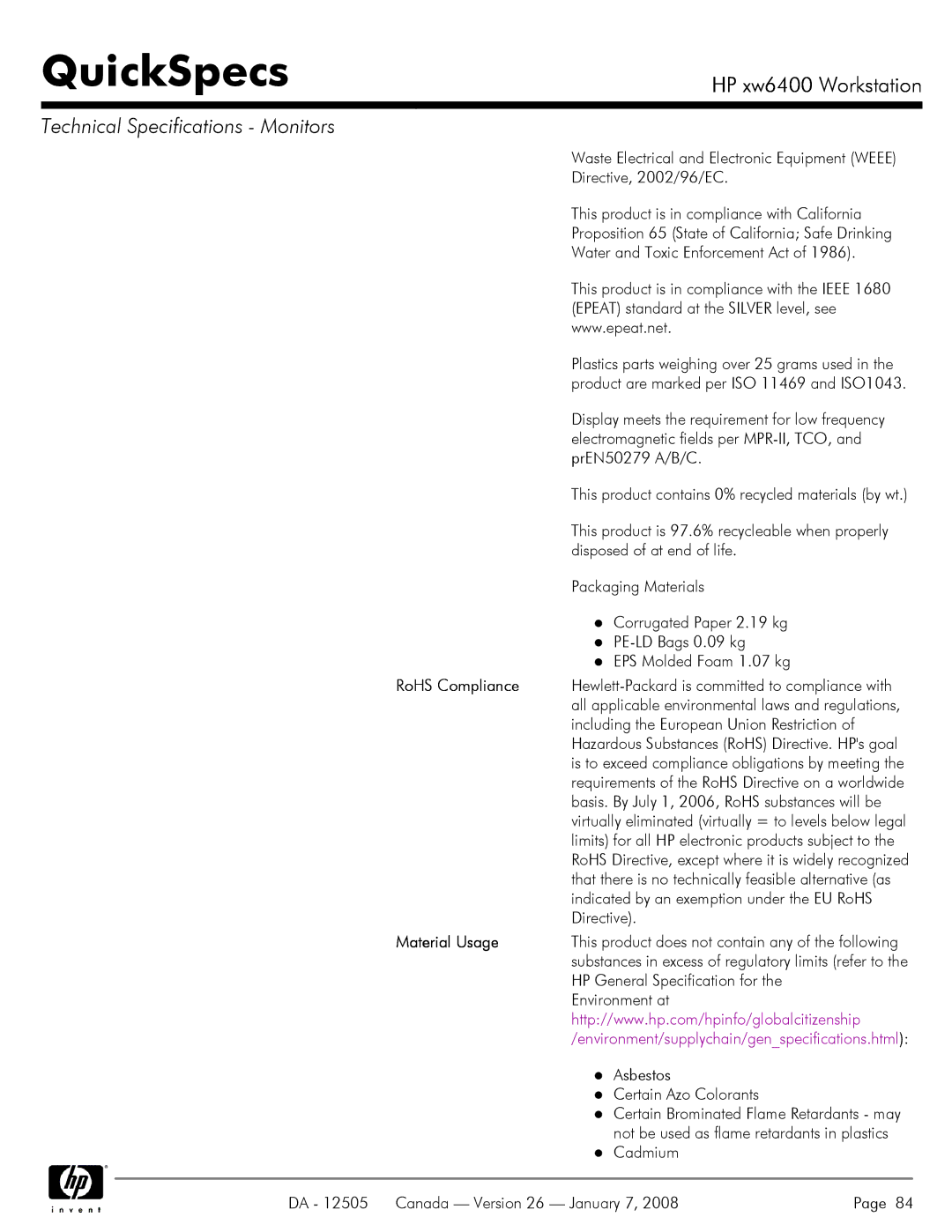 HP XW6400X manual RoHS Compliance 