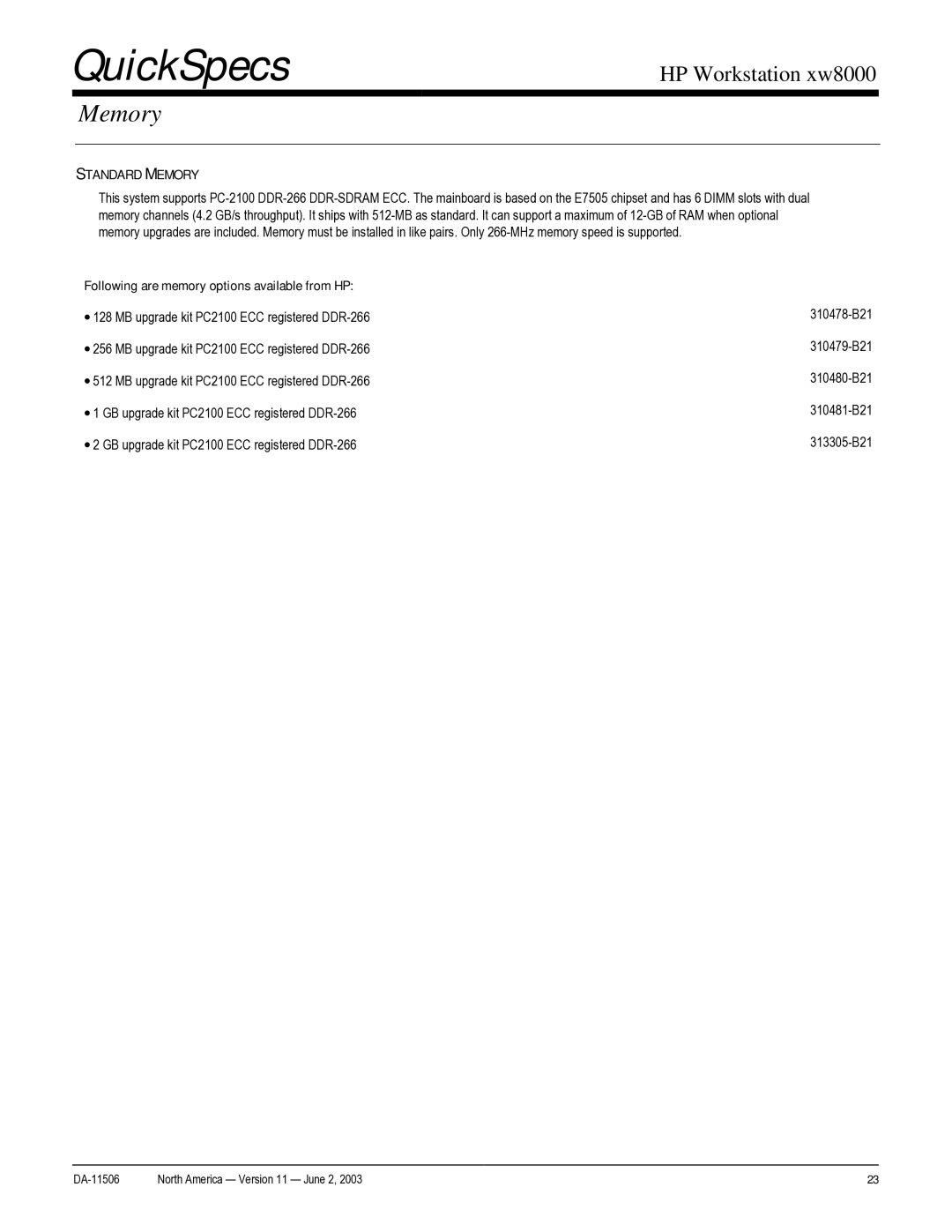 HP xw8000 manual Standard Memory, Following are memory options available from HP 