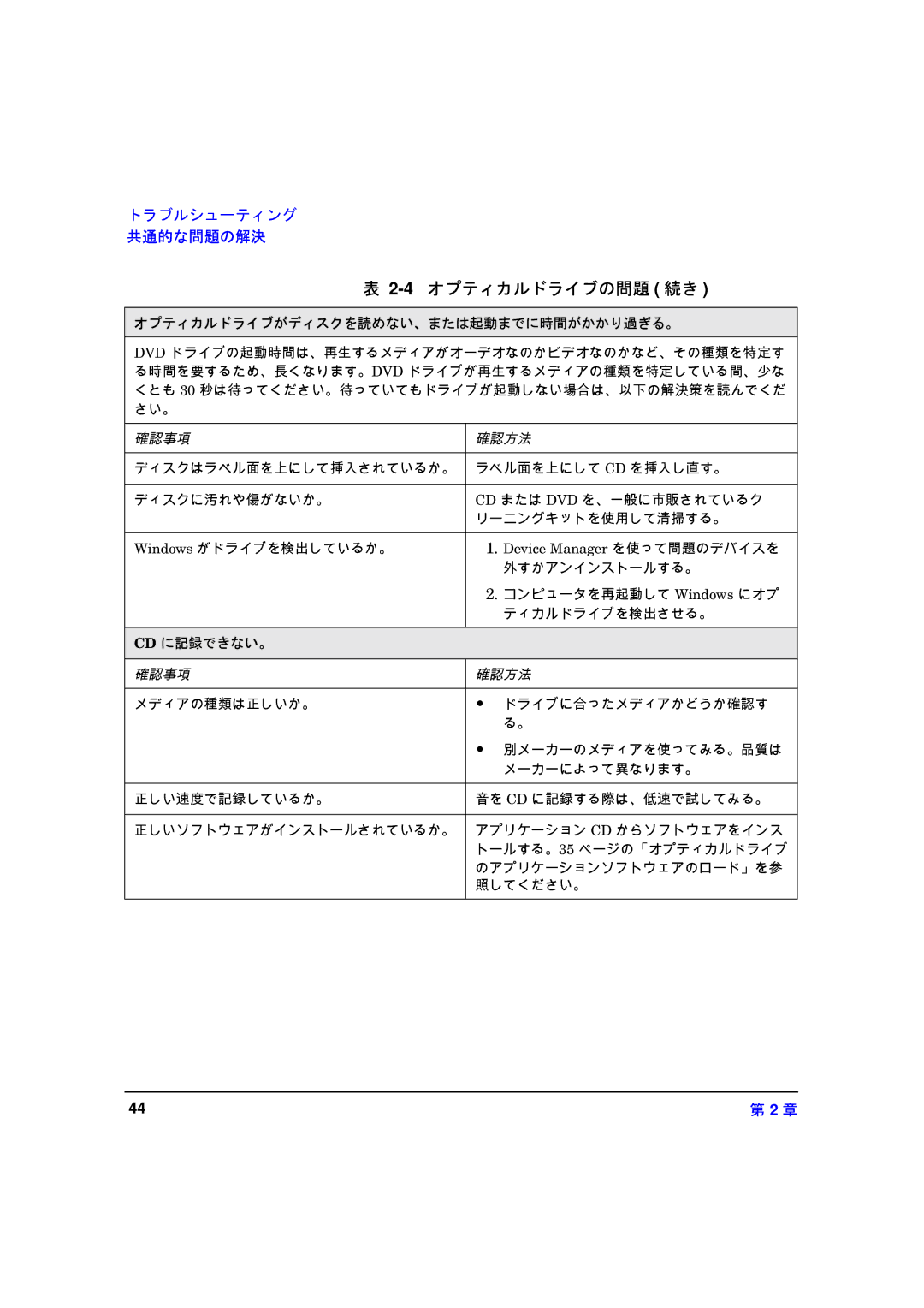 HP xw8000 manual 4オプティカルドライブの問題 続き, オプティカルドライブがディスクを読めない、または起動までに時間がかかり過ぎる。 