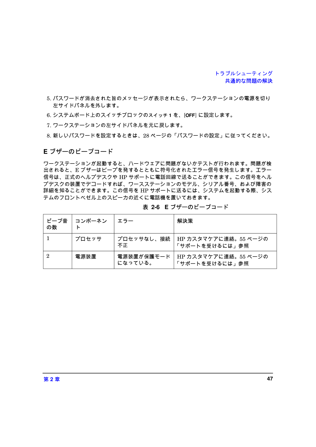 HP xw8000 manual ブザーのビープコード 