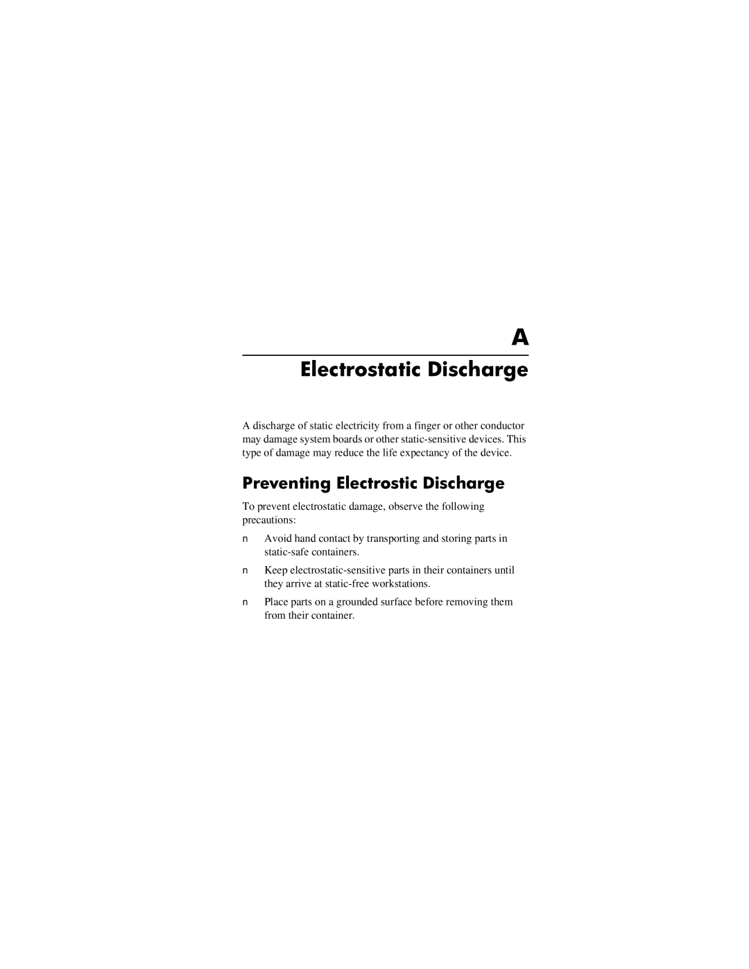 HP xw8200 manual Electrostatic Discharge 