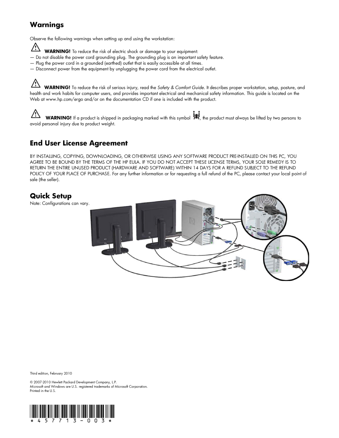 HP xw8200 manual 457713-003, End User License Agreement, Quick Setup 