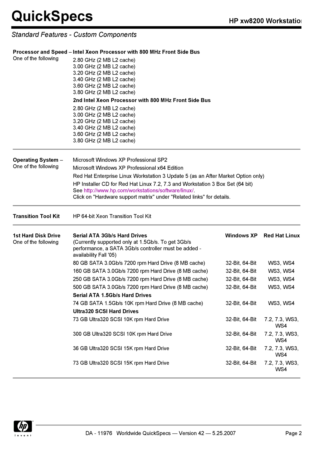 HP xw8200 manual 2nd Intel Xeon Processor with 800 MHz Front Side Bus, Operating System, Transition Tool Kit 