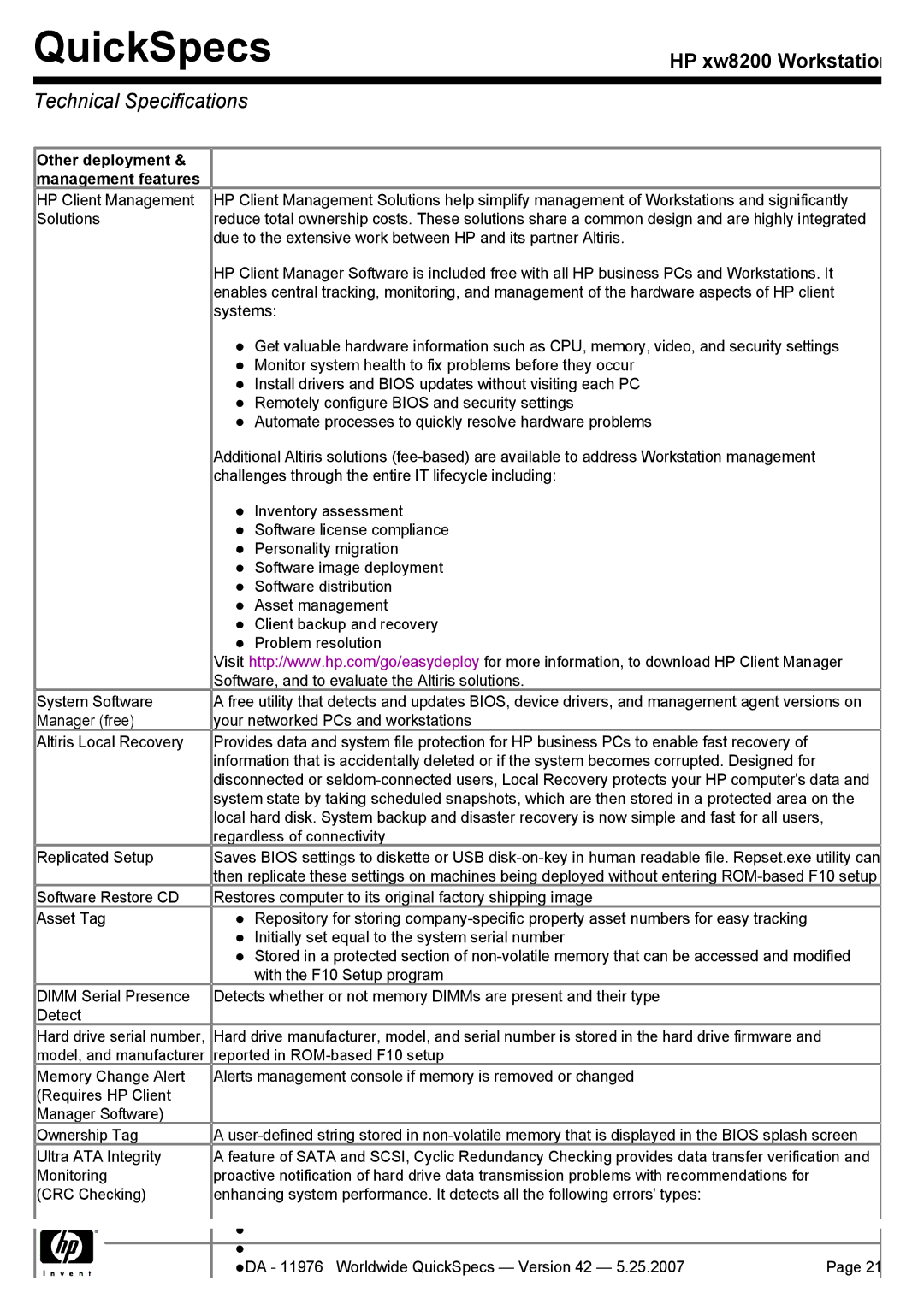 HP xw8200 manual Other deployment Management features 