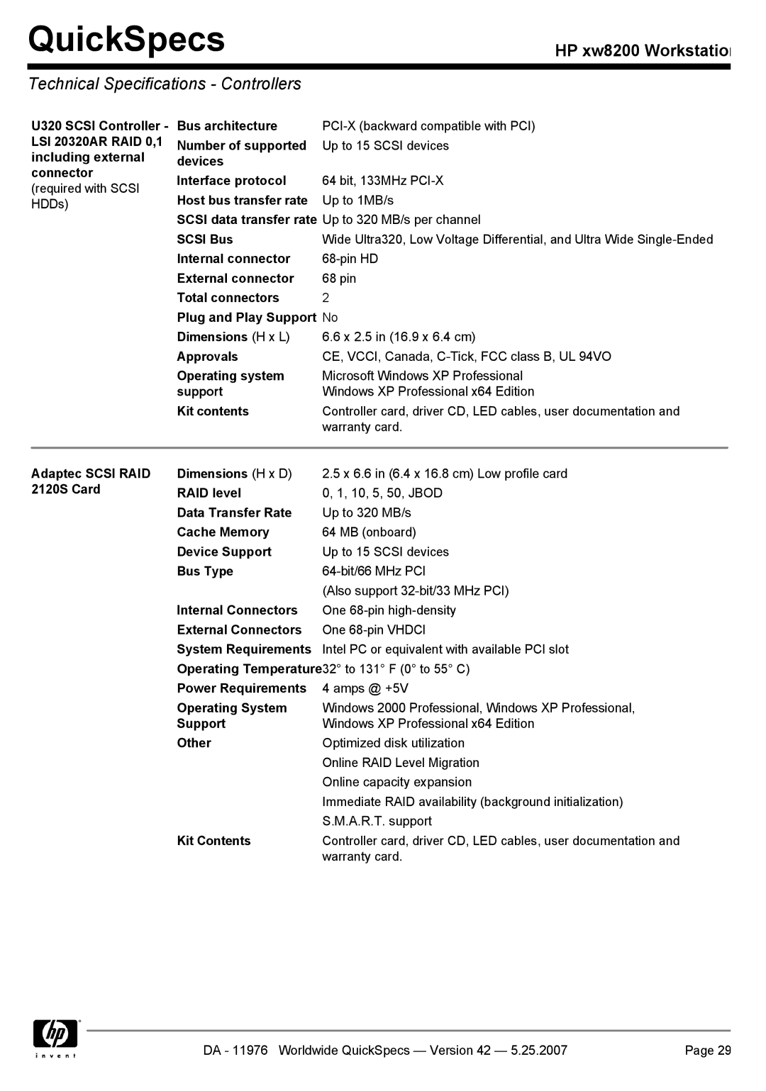 HP xw8200 manual Technical Specifications Controllers 