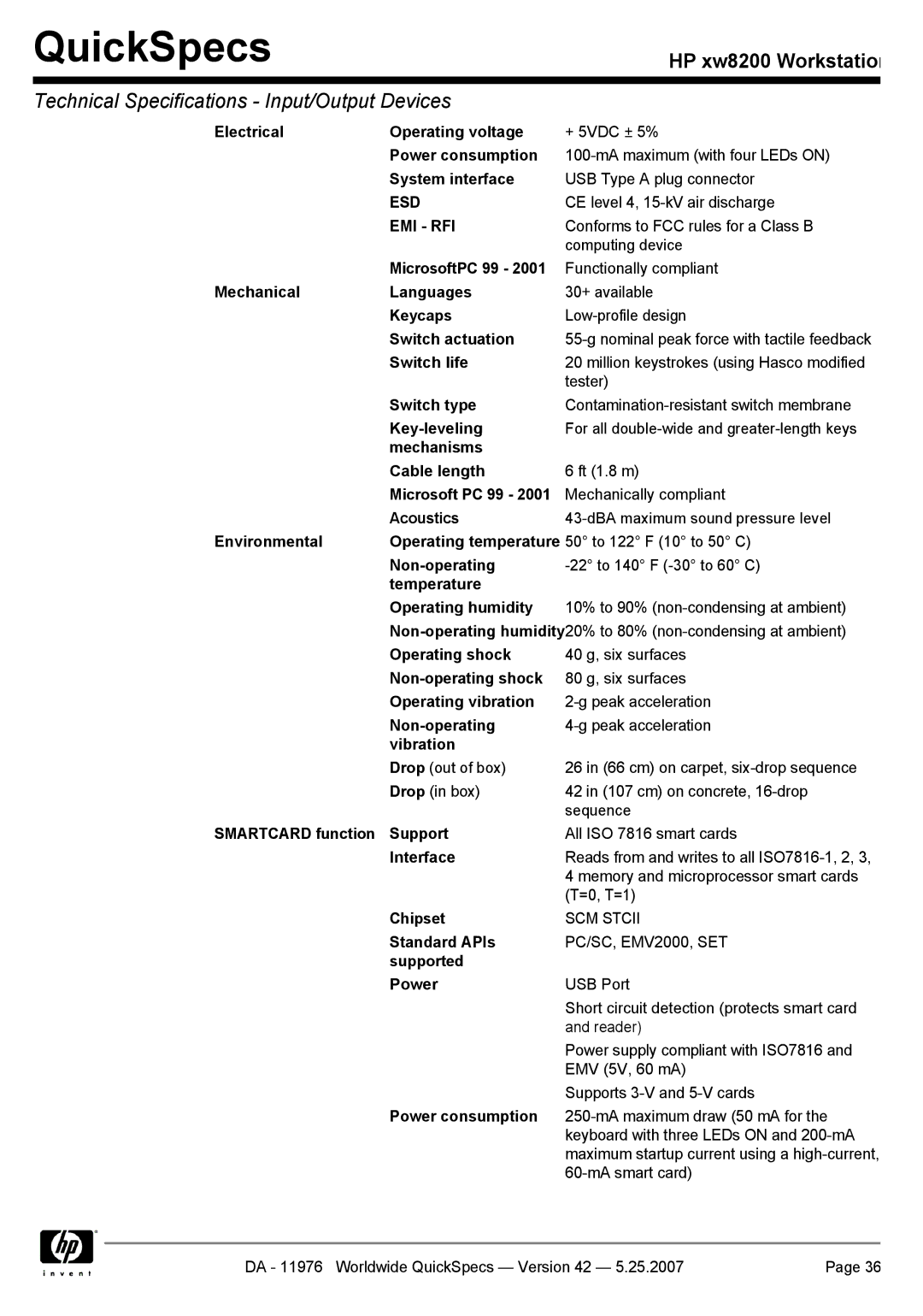 HP xw8200 manual System interface, Environmental, Smartcard function Support, Chipset, Standard APIs, Supported Power 