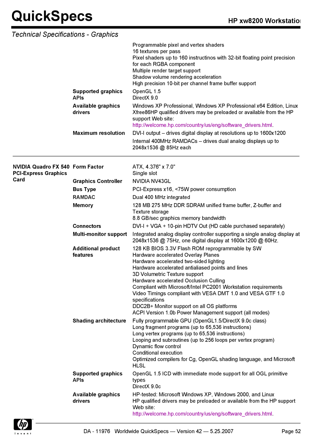 HP xw8200 manual Supported graphics, APIs, Maximum resolution, Nvidia Quadro FX 540 Form Factor, PCI-Express Graphics 