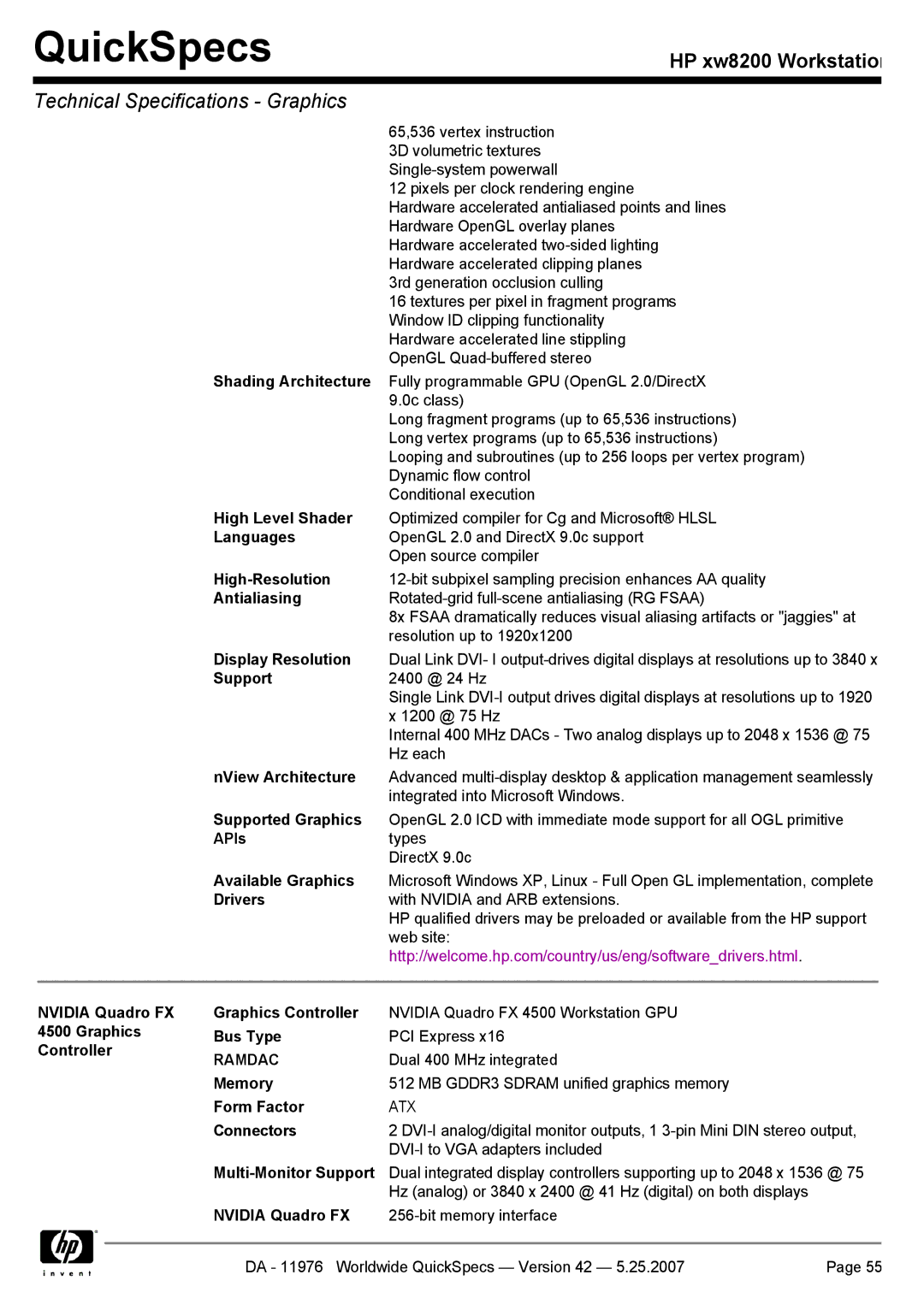 HP xw8200 High Level Shader, High-Resolution, Antialiasing, Display Resolution, NView Architecture, Graphics Bus Type 