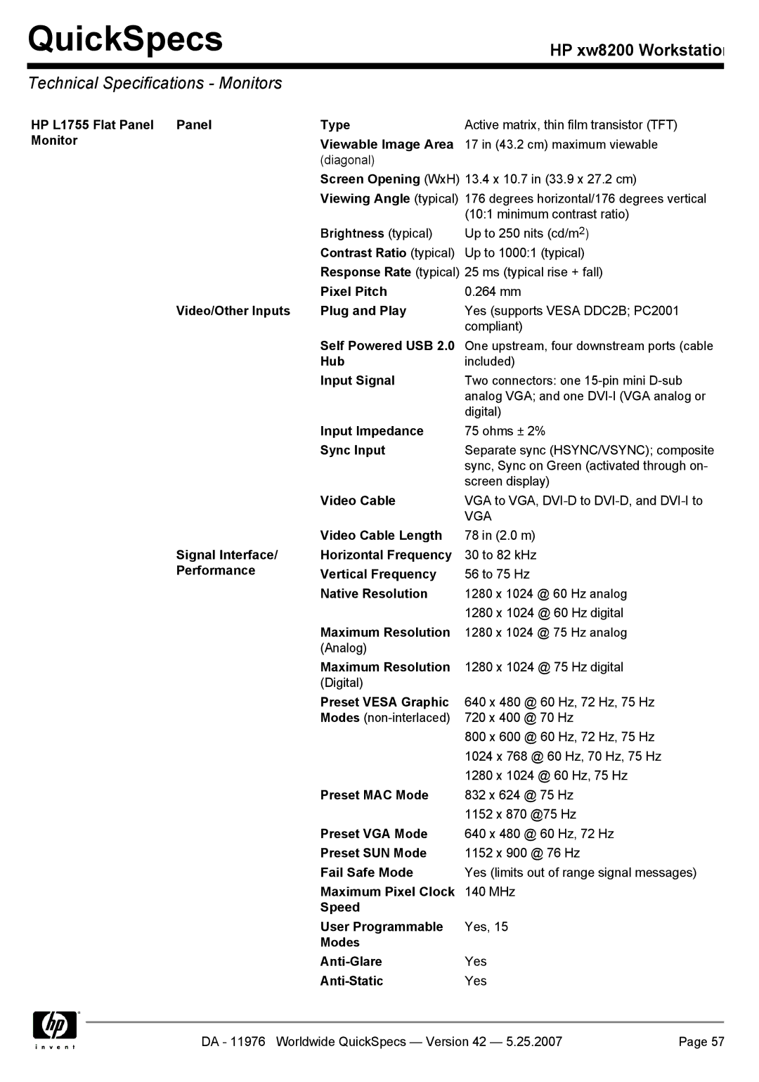 HP xw8200 manual Technical Specifications Monitors 