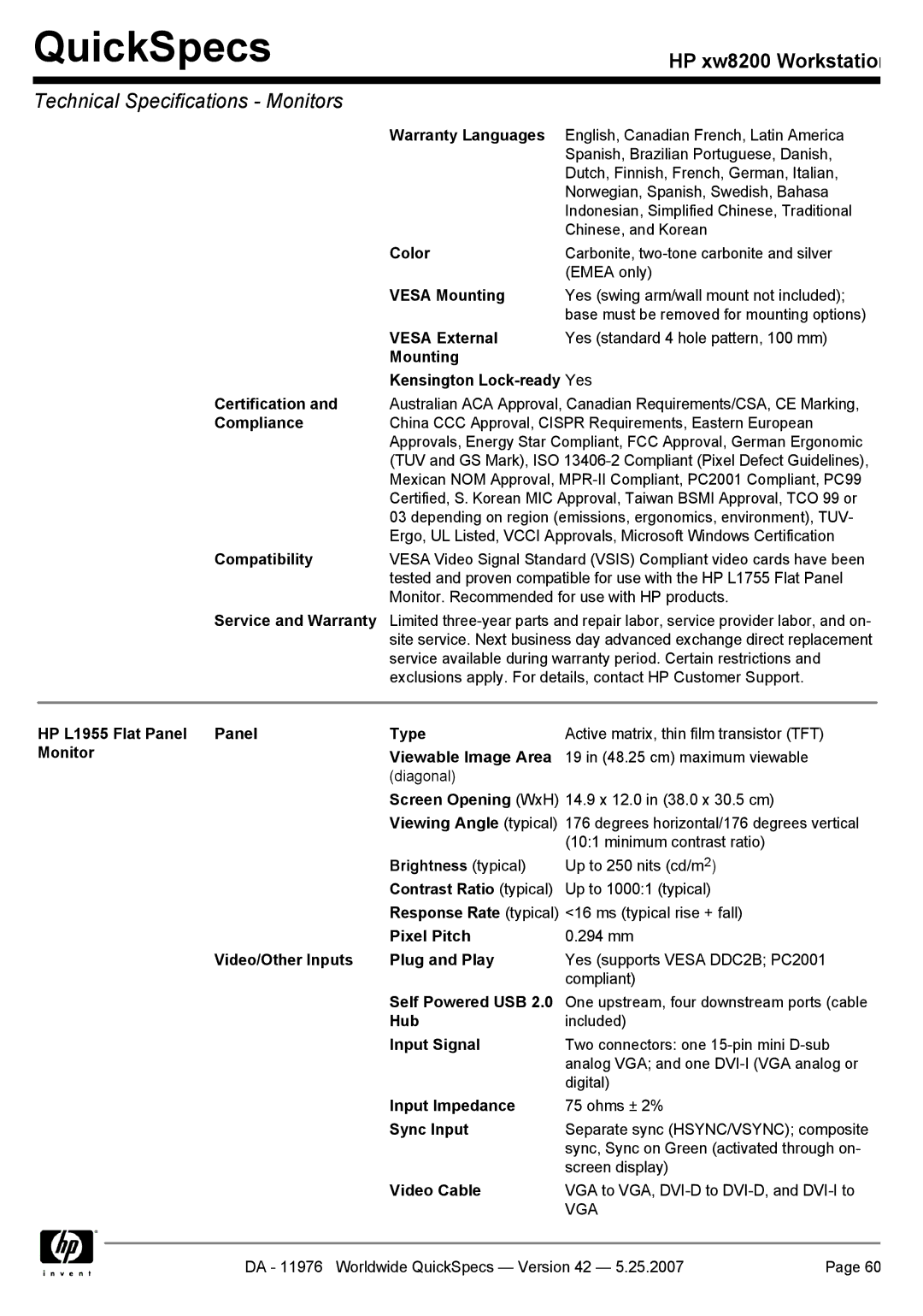 HP xw8200 manual Warranty Languages, Color, Vesa Mounting, Vesa External, Mounting Kensington Lock-ready Yes Certification 