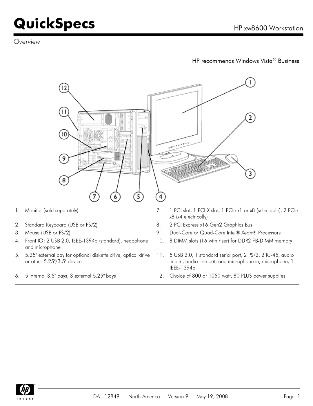 HP xw8600 manual QuickSpecs, Overview 