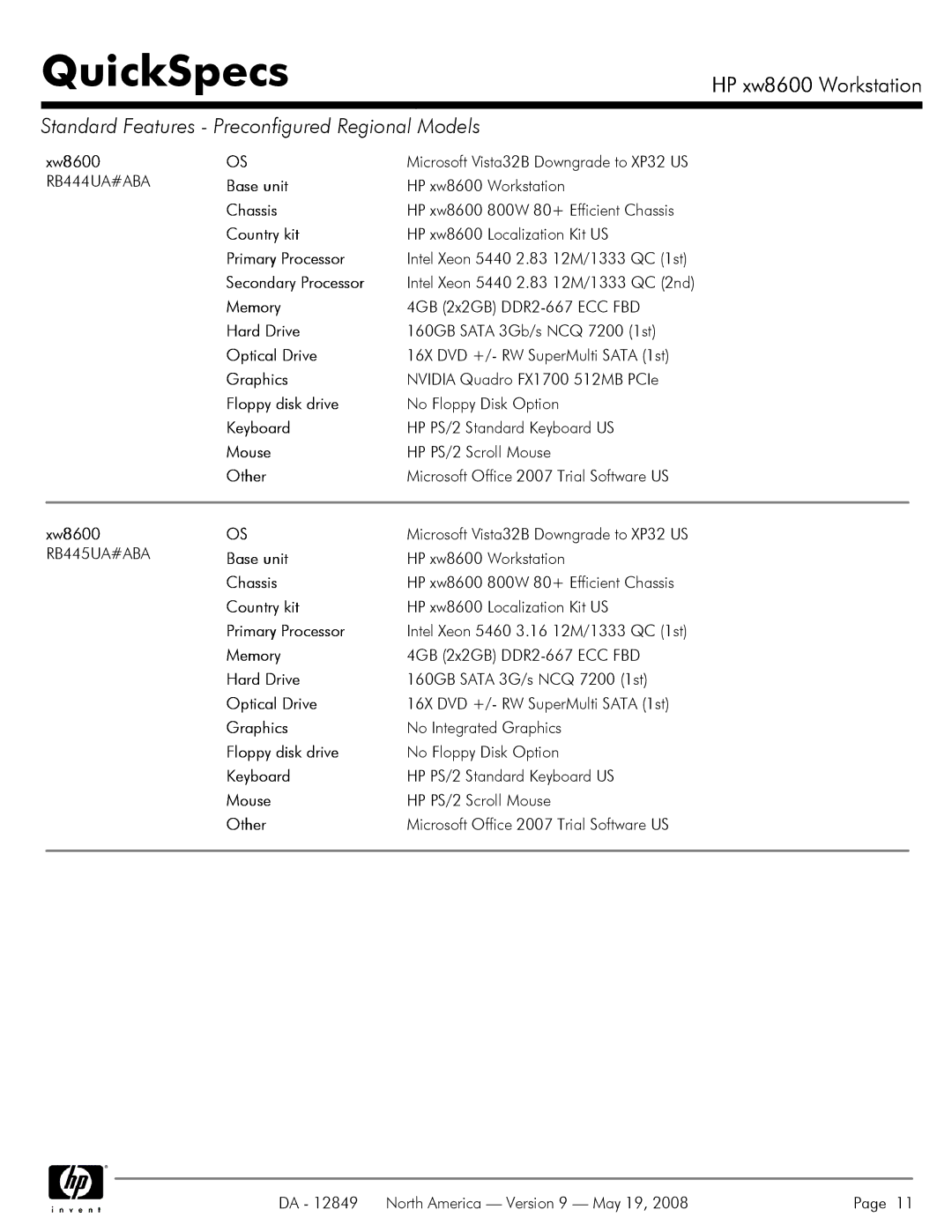 HP xw8600 Primary Processor, Secondary Processor, Intel Xeon 5440 2.83 12M/1333 QC 2nd, Nvidia Quadro FX1700 512MB PCIe 