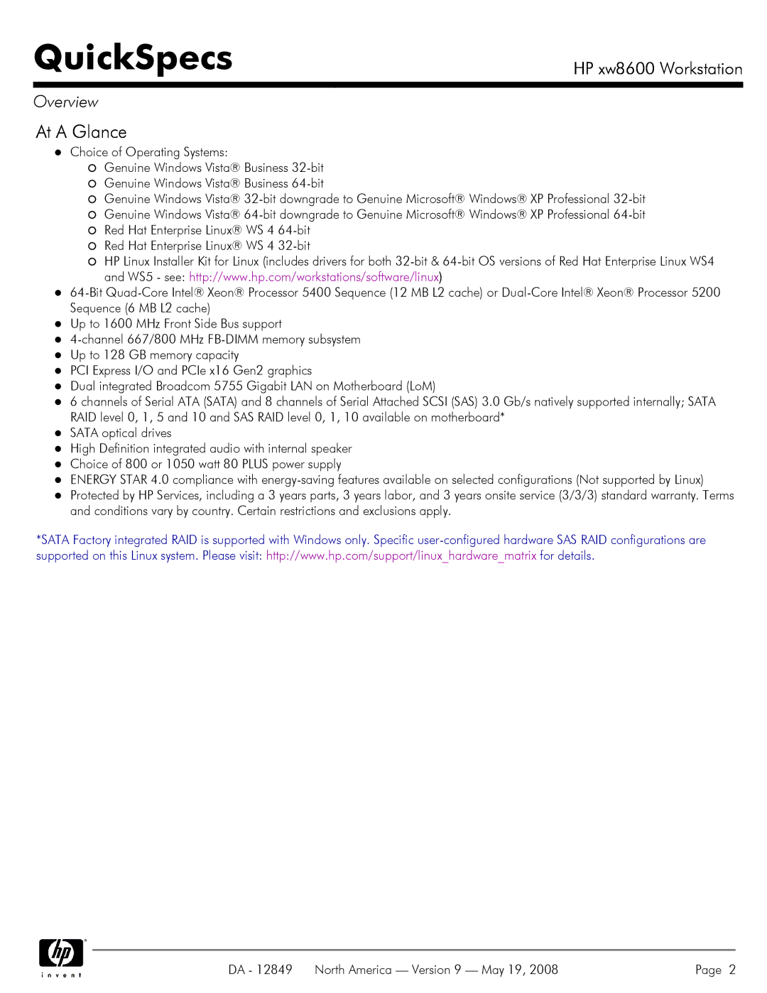 HP xw8600 manual At a Glance 