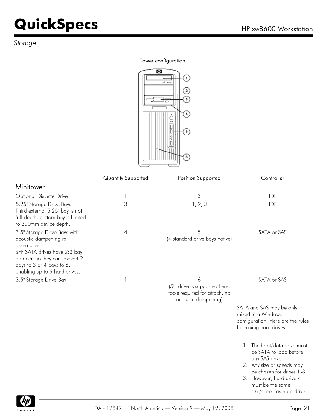 HP xw8600 manual Storage, Tower configuration 