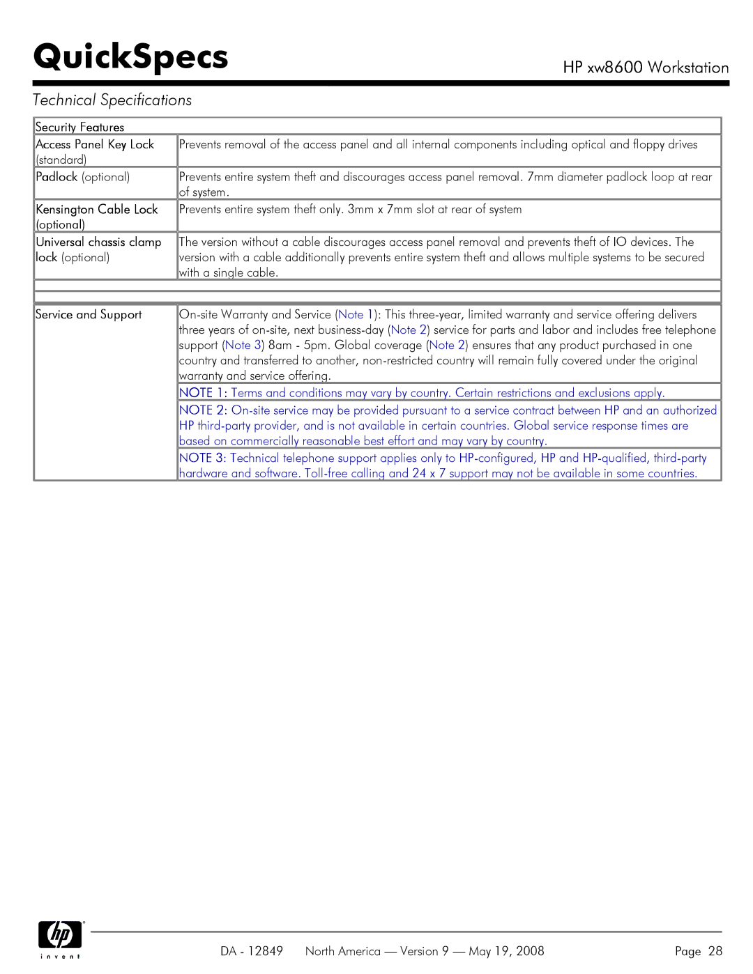 HP xw8600 manual Security Features Access Panel Key Lock, Kensington Cable Lock, Service and Support 