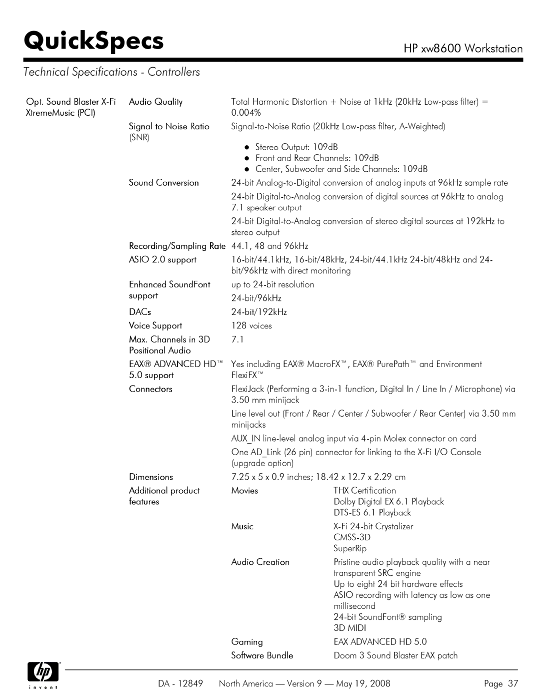 HP xw8600 manual Technical Specifications Controllers 