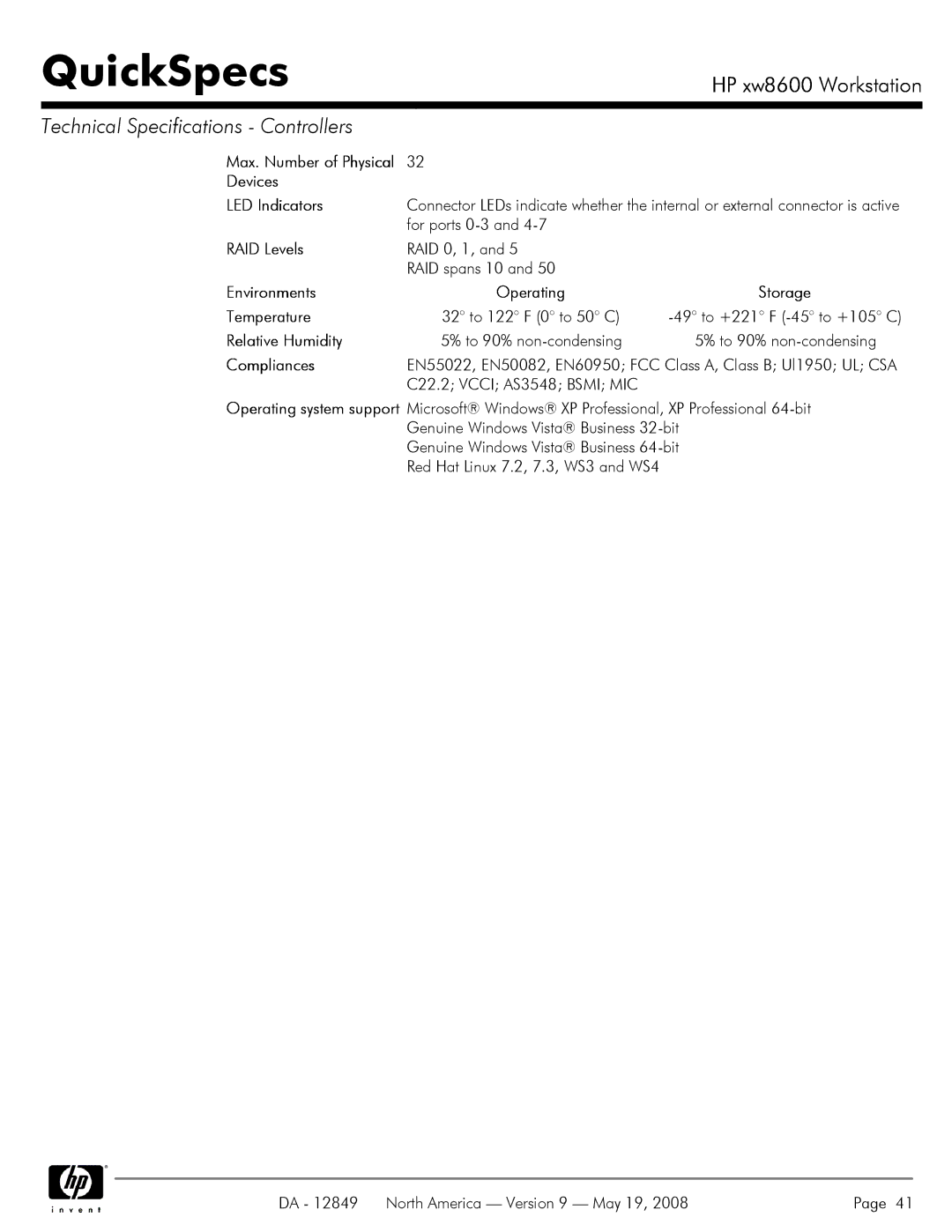 HP xw8600 manual Devices LED Indicators, RAID Levels, Environments, Compliances 