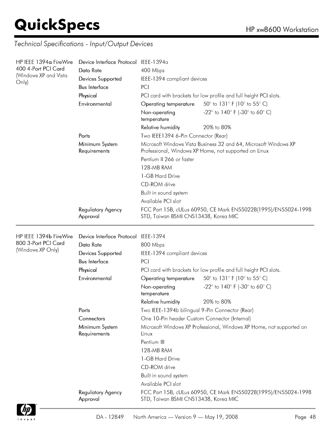 HP xw8600 manual Technical Specifications Input/Output Devices 