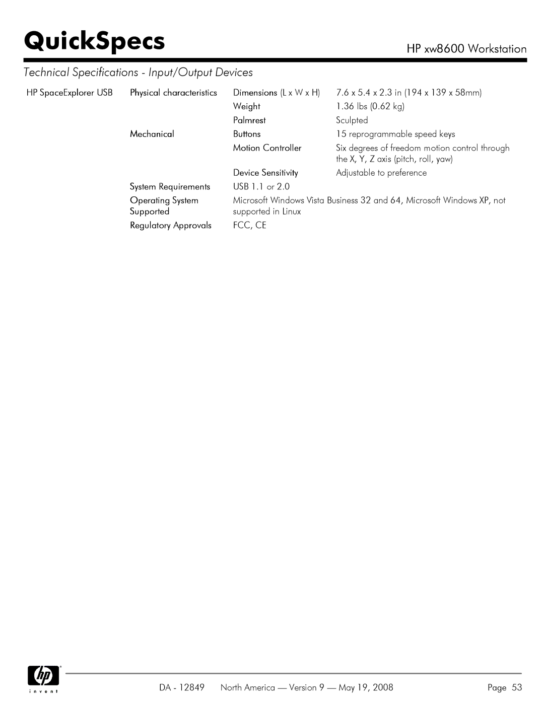 HP xw8600 manual X, Y, Z axis pitch, roll, yaw, Supported Supported in Linux Regulatory Approvals, Fcc, Ce 