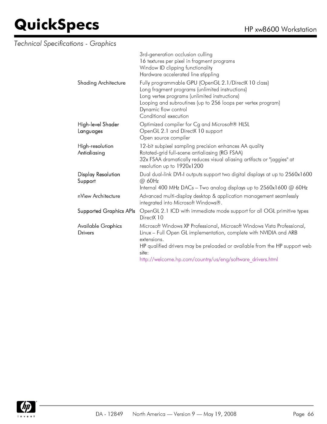 HP xw8600 3rd-generation occlusion culling, Fully programmable GPU OpenGL 2.1/DirectX 10 class, High-level Shader, @ 60Hz 