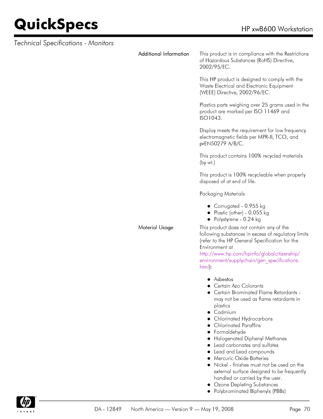 HP xw8600 Waste Electrical and Electronic Equipment, Weee Directive, 2002/96/EC, Product are marked per ISO 11469, ISO1043 