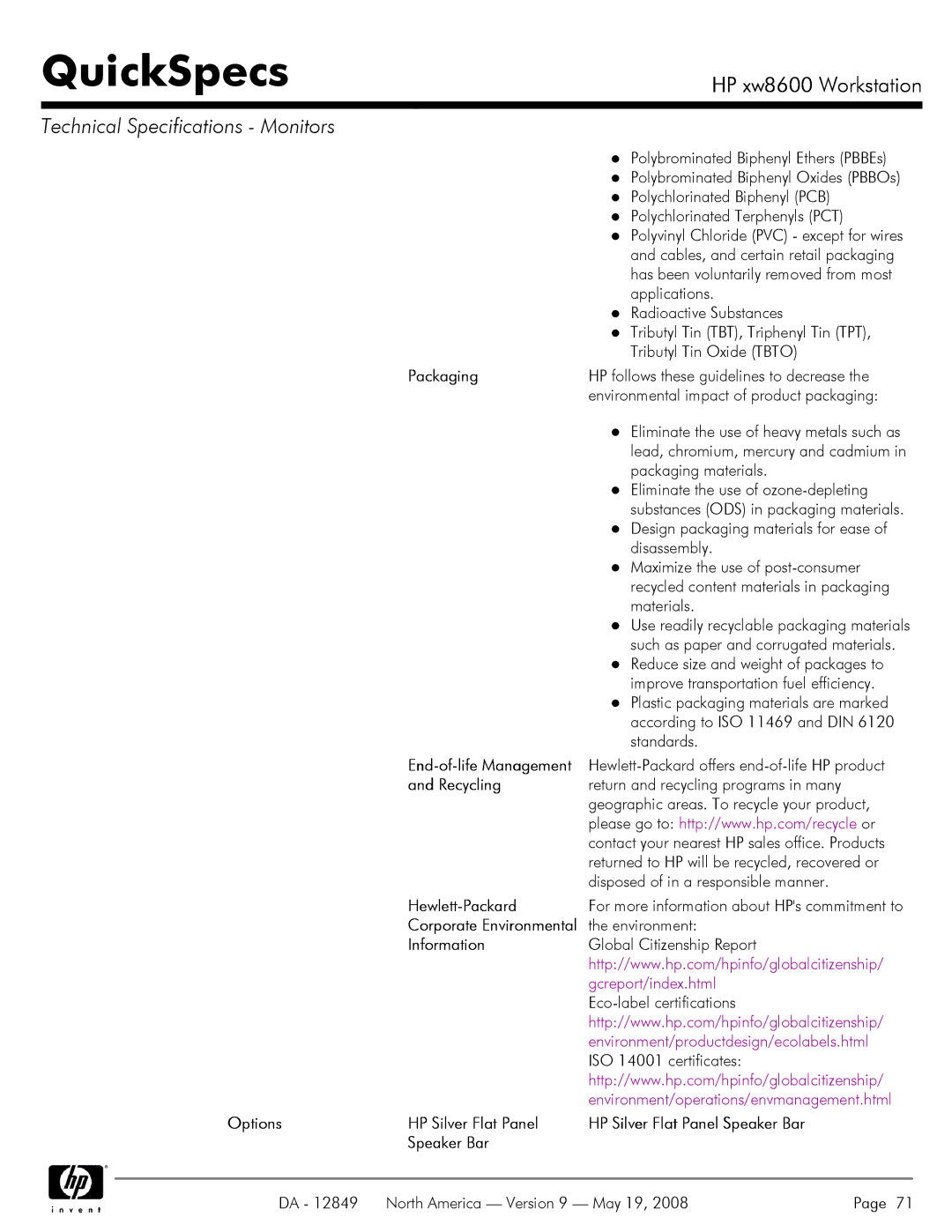 HP xw8600 manual Recycling 