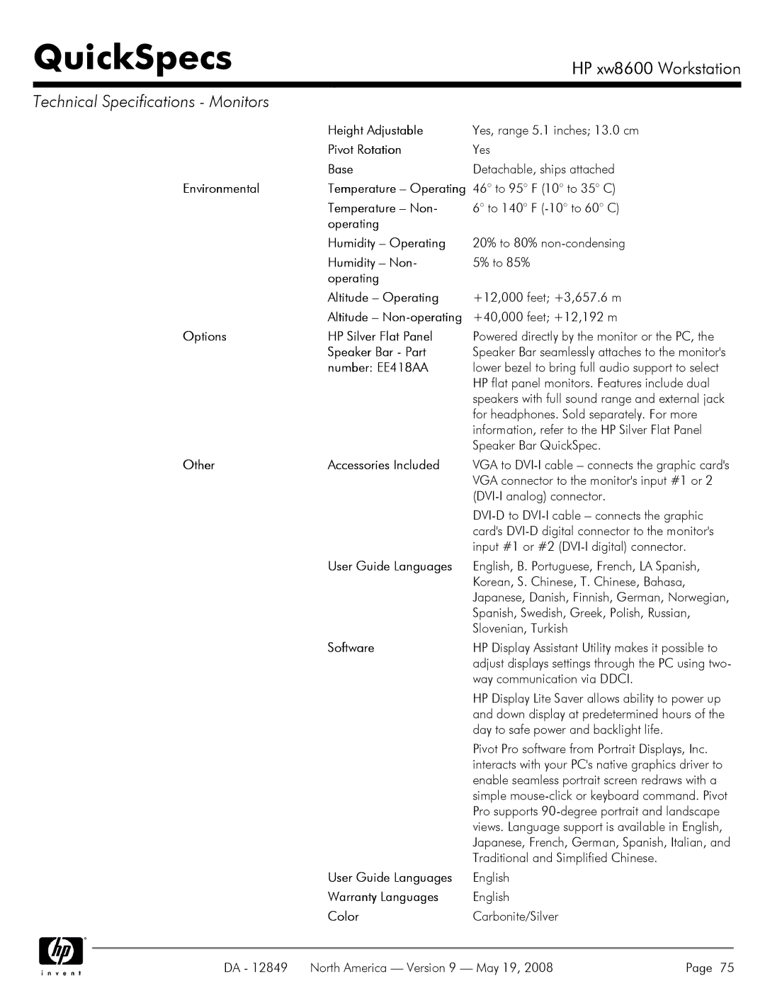 HP xw8600 manual 46 to 95 F 10 to 35 C 