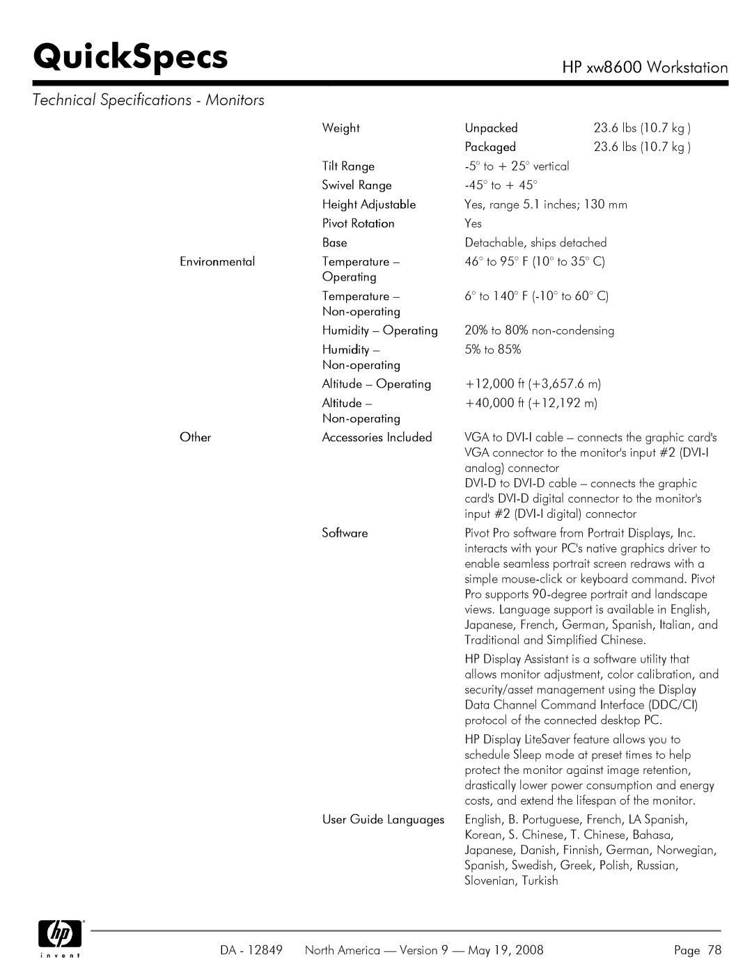 HP xw8600 manual Environmental Temperature, Non-operating Humidity Operating, Non-operating Altitude Operating 