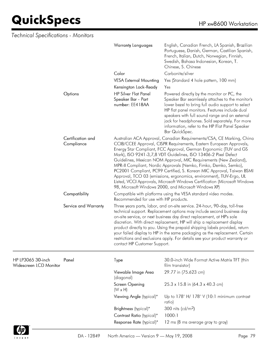 HP xw8600 manual HP LP3065 30-inch Panel Type 