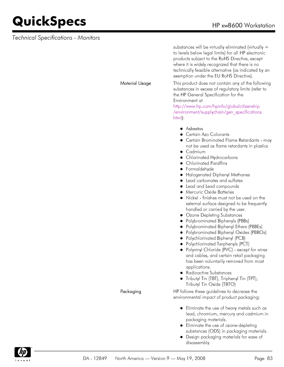 HP xw8600 manual To levels below legal limits for all HP electronic, Products subject to the RoHS Directive, except 