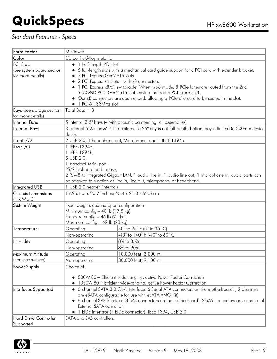 HP xw8600 manual Standard Features Specs 