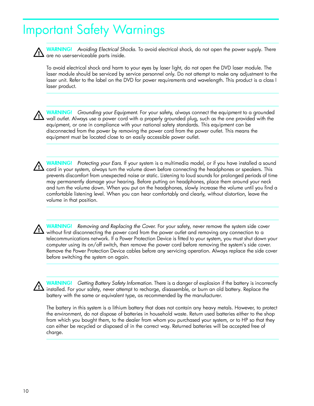 HP xw9300 manual Important Safety Warnings 