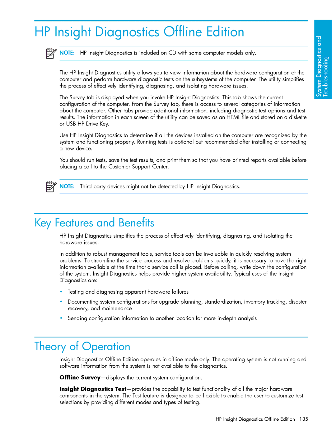 HP xw9300 manual HP Insight Diagnostics Offline Edition, Key Features and Benefits, Theory of Operation 