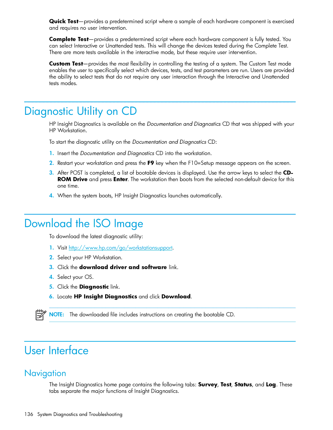 HP xw9300 manual Diagnostic Utility on CD, Download the ISO Image, User Interface, Navigation 