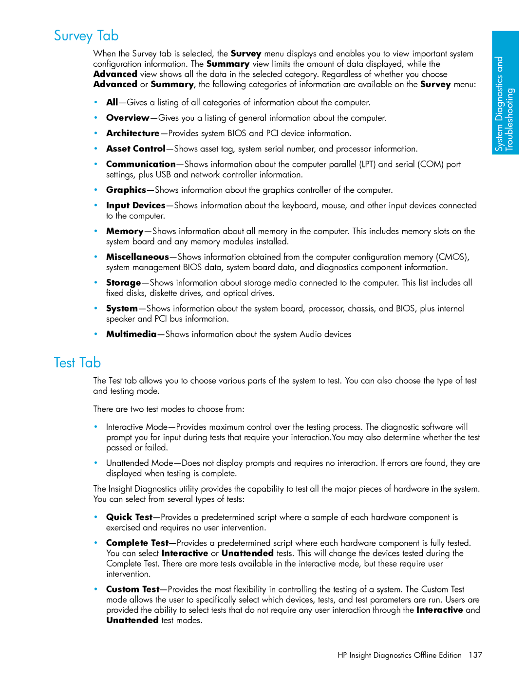 HP xw9300 manual Survey Tab, Test Tab 