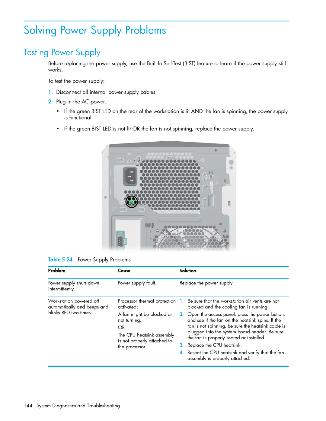 HP xw9300 manual Solving Power Supply Problems, Testing Power Supply 