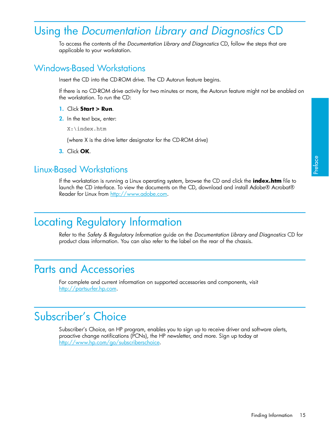 HP xw9300 manual Locating Regulatory Information, Parts and Accessories, Subscriber’s Choice, Windows-Based Workstations 