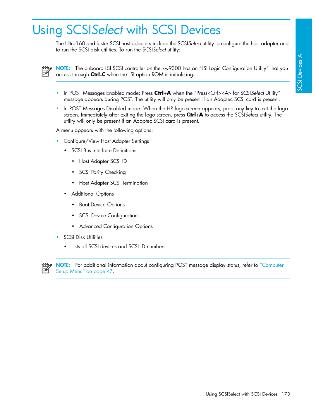 HP xw9300 manual Using SCSISelect with Scsi Devices 