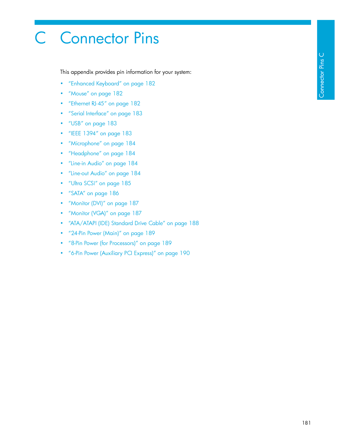 HP xw9300 manual Connector Pins, This appendix provides pin information for your system 