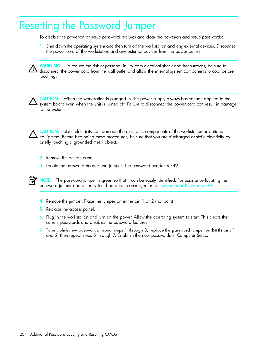 HP xw9300 manual Resetting the Password Jumper 