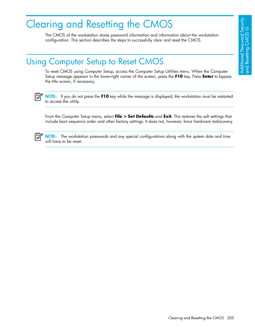 HP xw9300 manual Clearing and Resetting the Cmos, Using Computer Setup to Reset Cmos 